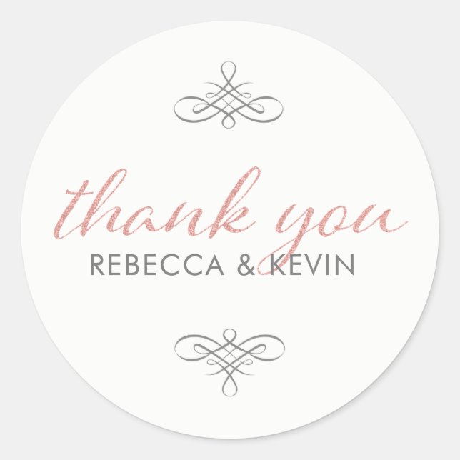 Rose Gold Glitter Modern TypographyThank You Classic Round Sticker (Front)