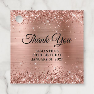 Rose Gold Glitter Monogram 80th Birthday Thank You Favour Tags