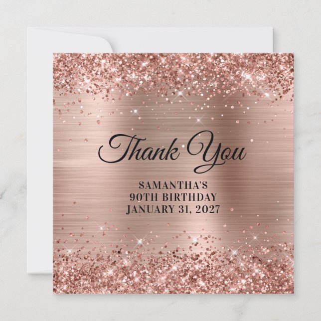Rose Gold Glitter Monogram 90th Birthday Thank You Card (Front)