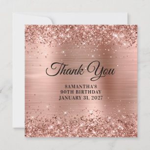 Rose Gold Glitter Monogram 90th Birthday Thank You Card
