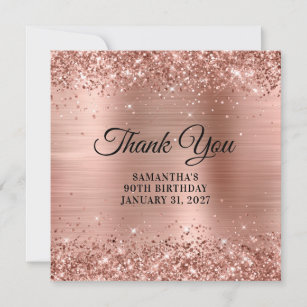 Rose Gold Glitter Monogram 90th Birthday Thank You Card