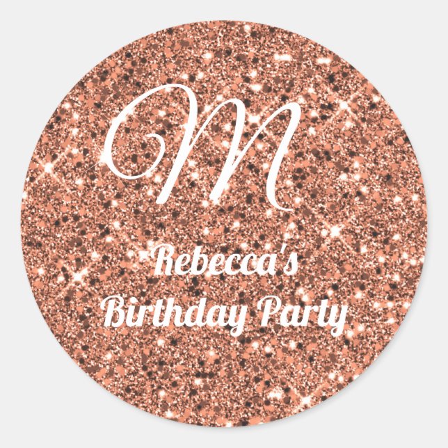 Rose Gold Glitter Monogram Birthday Wedding  Classic Round Sticker (Front)