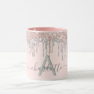 Rose gold glitter monogram blush pink silver grey mug