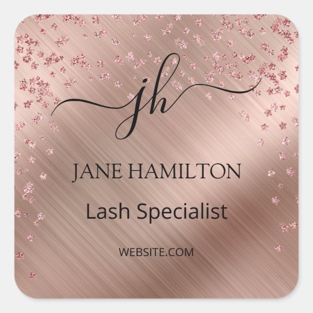 Rose Gold Glitter Monogram Business Logo Square Sticker (Front)