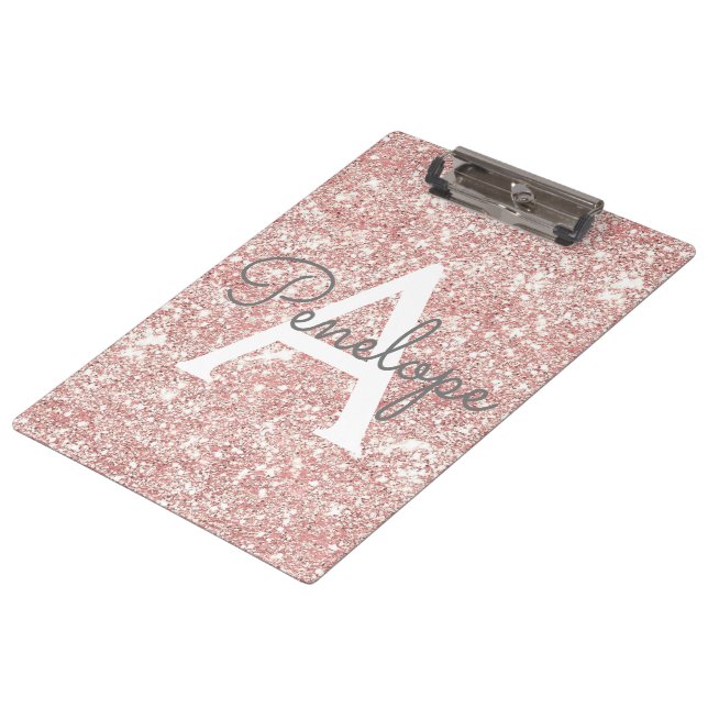 Rose Gold Glitter Monogram Clipboard (Angled)