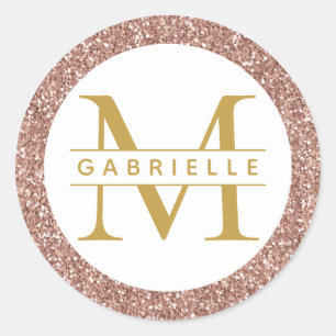 Rose Gold Glitter Monogram Favor Sticker Label