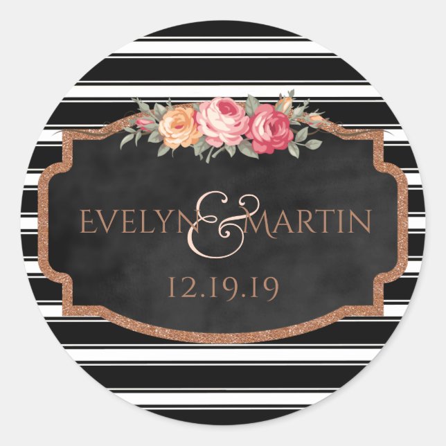 Rose Gold Glitter Monogram Floral Wedding Favour Classic Round Sticker (Front)