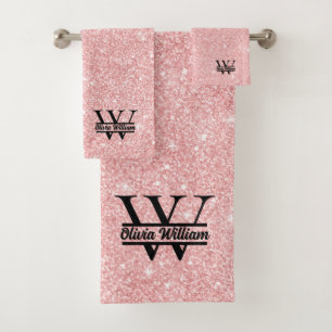 Rose Gold Glitter Monogram Girly Modern Sparkle Bath Towel Set