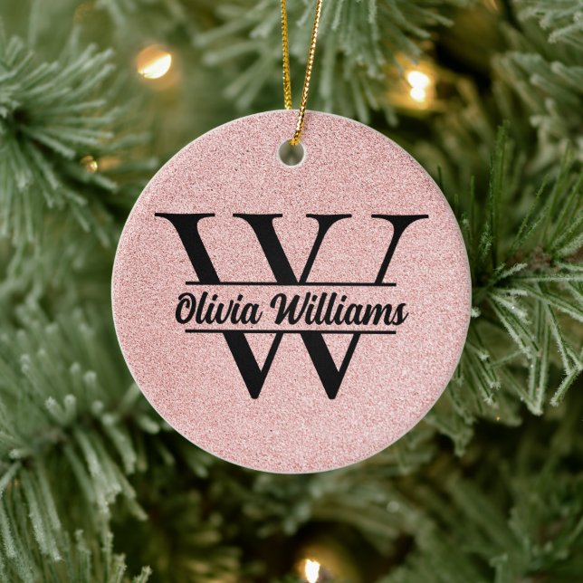 Rose Gold Glitter Monogram | Girly Modern Sparkle  Ceramic Tree Decoration (Tree)
