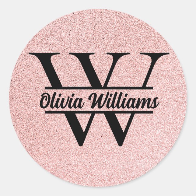 Rose Gold Glitter Monogram | Girly Modern Sparkle  Classic Round Sticker (Front)