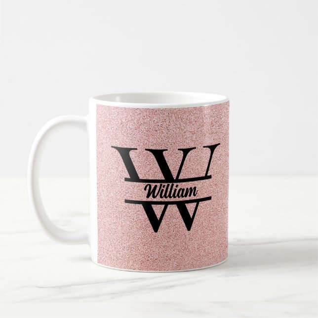 Rose Gold Glitter Monogram | Girly Modern Sparkle Coffee Mug (Left)