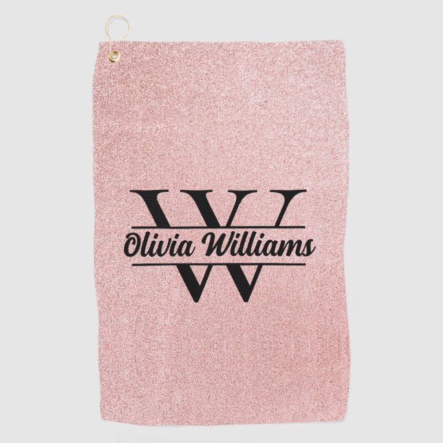 Rose Gold Glitter Monogram | Girly Modern Sparkle  Golf Towel (Front)
