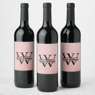 Rose Gold Glitter Monogram Girly Modern Sparkle Wine Label