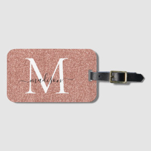 Rose Gold Glitter Monogram Girly Script Sparkle Luggage Tag