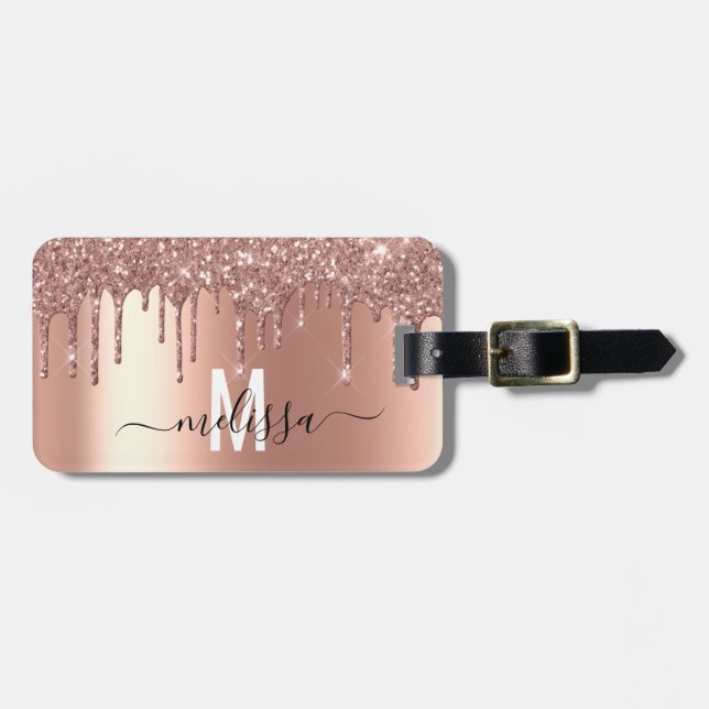 Rose Gold Glitter Monogram Handwritten script Luggage Tag (Front Horizontal)