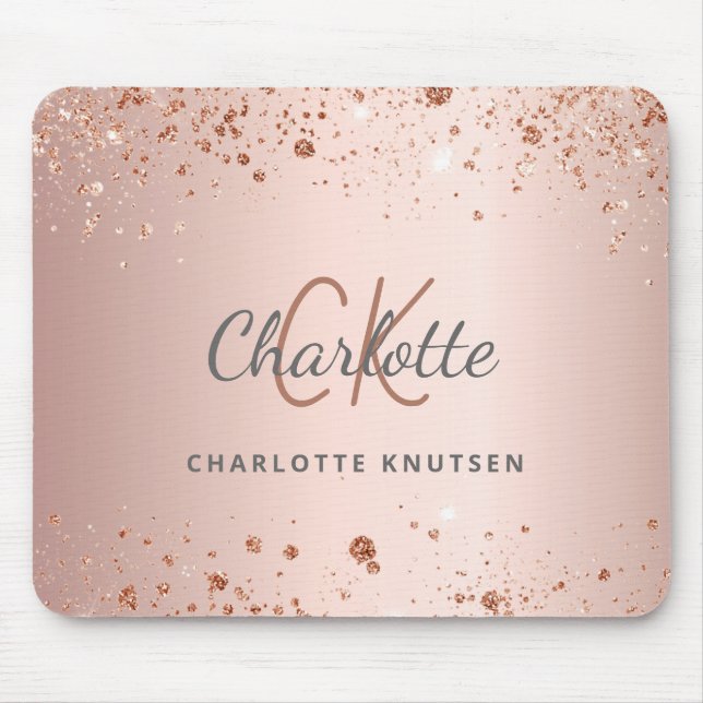 Rose gold glitter monogram initails name mouse mat (Front)