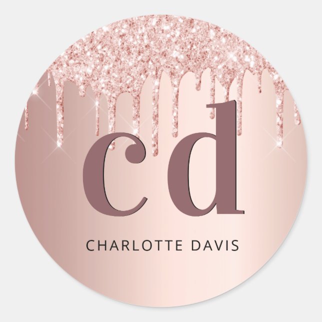 Rose gold glitter monogram initials classic round sticker (Front)