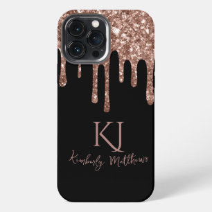 Rose Gold Glitter Monogram Initials on Black iPhone 13 Pro Max Case