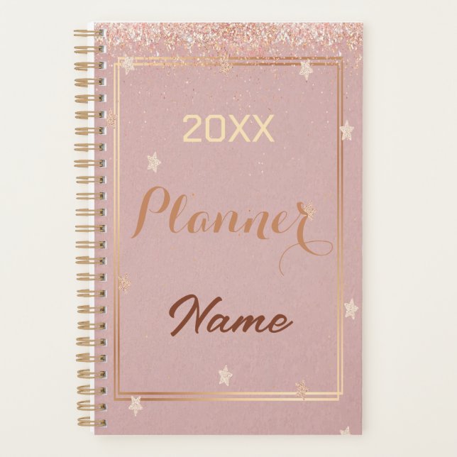Rose gold glitter monogram name 20XX planner  (Front)