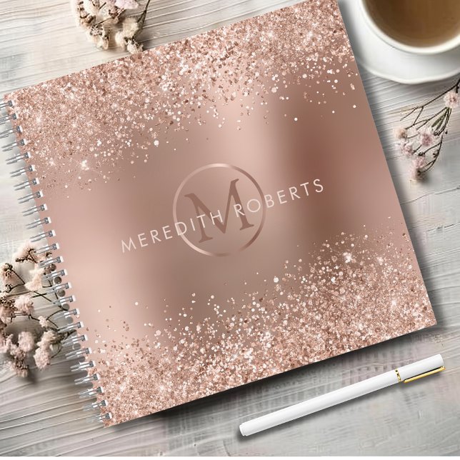Rose Gold Glitter Monogram Name Notebook (Rose Gold Foil Blush Glitter Monogram Name Personalized Notebook)
