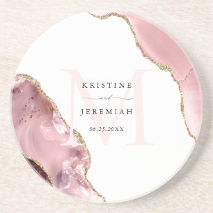 Rose Gold Glitter Monogram Newlywed Coaster