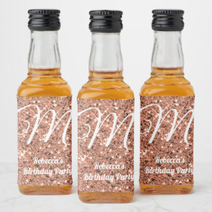 Rose Gold Glitter Monogram Party Favour Custom Liquor Bottle Label