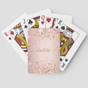 Rose gold glitter monogram script playing cards