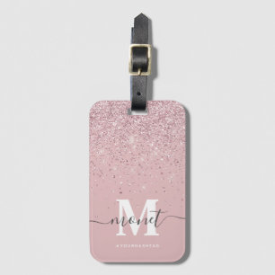 Rose Gold Glitter Monogram Stylish Script Name Luggage Tag