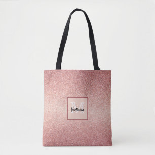 Rose gold glitter monogram tote bag