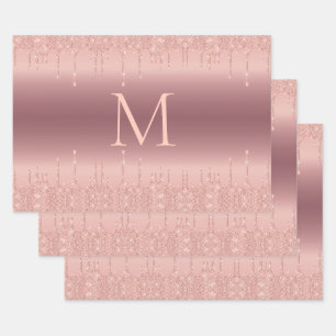 Rose Gold Glitter Monogram Wrapping Paper Sheets