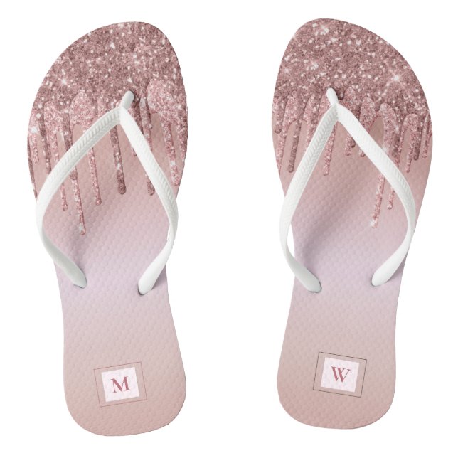 Rose Gold Glitter Monogrammed Girly Flip Flops (Footbed)