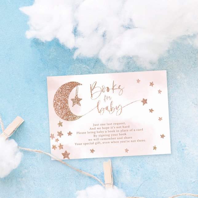 Rose gold glitter moon stars clouds bring a book enclosure card (Creator Uploaded)