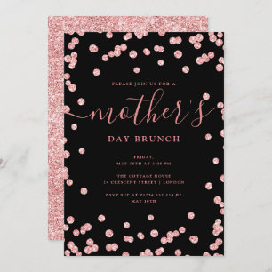 Rose Gold Glitter Mother's Day Brunch Black Invitation