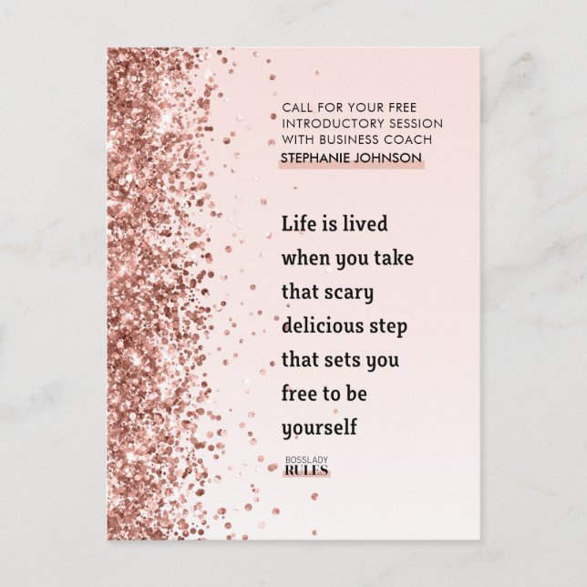Rose Gold Glitter Motivational Quote Business Announcement Postcard (Front)