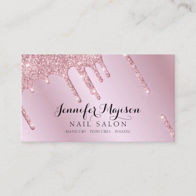Rose Gold Glitter Nail Polish Drips Modern Salon Business Card (Front)