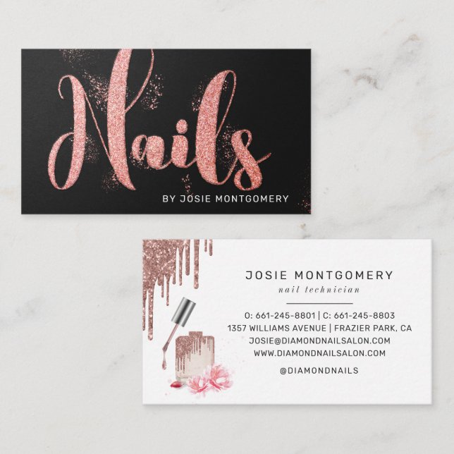 Rose Gold Glitter Nail Technician Business Card (Front/Back)