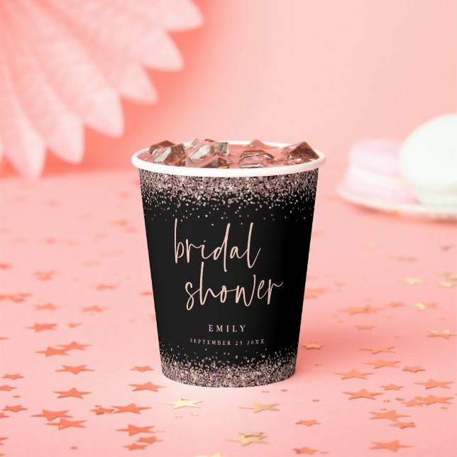 Rose Gold Glitter Name Bridal Shower Black Paper Cups (Insitu)