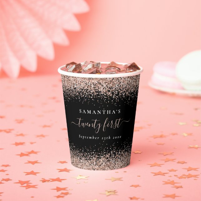 Rose Gold Glitter Name Date 21st Party Black Paper Cups (Insitu)