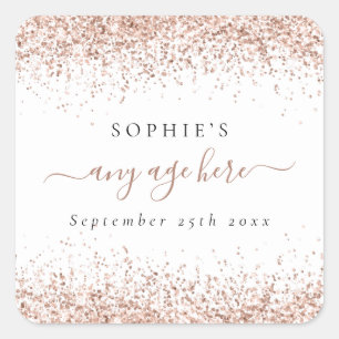 Rose Gold Glitter Name Date Any Age Birthday Square Sticker