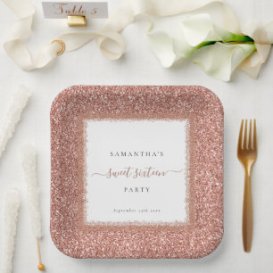Rose Gold Glitter Name Date Sweet Sixteen Party Paper Plate