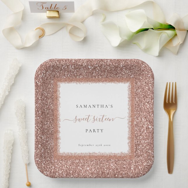 Rose Gold Glitter Name Date Sweet Sixteen Party Paper Plate (Wedding)
