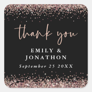 Rose Gold Glitter Name Date Wedding Black Thanks Square Sticker