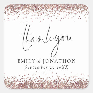 Rose Gold Glitter Name Date Wedding Thank You Square Sticker