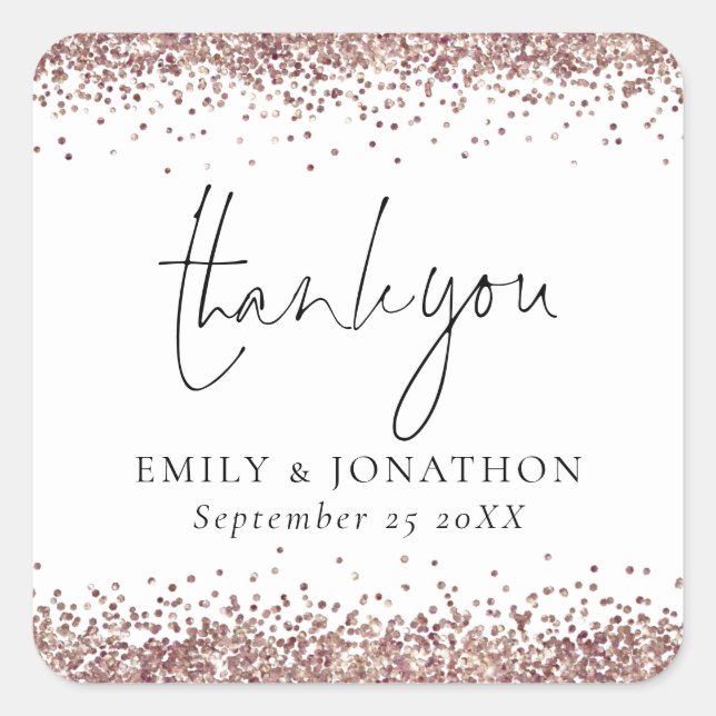 Rose Gold Glitter Name Date Wedding Thank You Square Sticker (Front)