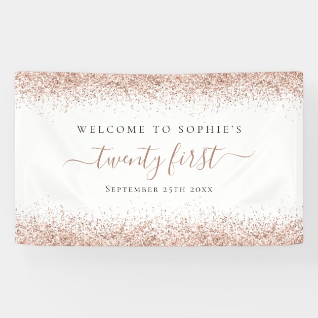 Rose Gold Glitter Name Date Welcome Twenty First Banner (Horizontal)