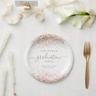 Rose Gold Glitter Name Graduation Party Paper Plate