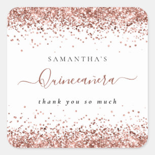 Rose Gold Glitter Name Quinceañera Thank You Square Sticker