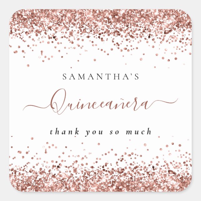 Rose Gold Glitter Name Quinceañera Thank You Square Sticker (Front)