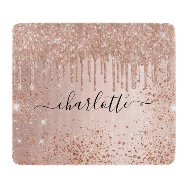 Rose gold glitter name script cutting board (Front)