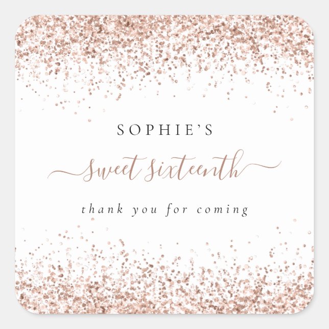 Rose Gold Glitter Name Sweet 16 Birthday Thank You Square Sticker (Front)